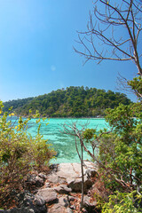 Fototapeta na wymiar Thailand travel island Koh Lipe turquoise sea color with coral reef view point and sunny clear blue sky background landscape