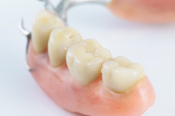 Inferior partial removable denture isolated in white, lateral view with copy space and selective...