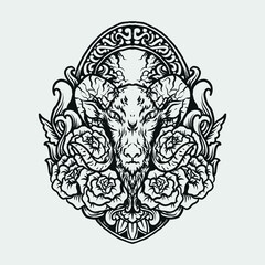 tattoo and t shirt design black and white hand drawn goat and rose engraving ornament