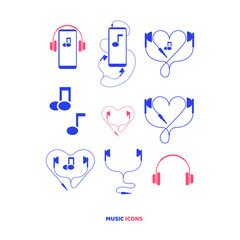 Set of music icons, player, phone, headphones, notes. Vector illustration, flat cartoon color minimal design isolated on white background, eps 10.