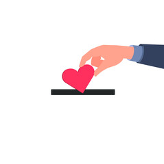 The hand puts the heart into the donation slot. Concept: charity, donation, helping those in need. Vector flat cartoon illustration isolated on white background, eps 10.