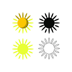 Sun, vector icons. The sun disk is colored, black, silhouette, white outline. Flat cartoon isolated on white background, eps 10.
