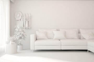 White minimalist living room with sofa. Scandinavian interior design. 3D illustration