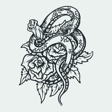 tattoo and t shirt design black and white hand drawn snake and rose engraving ornament