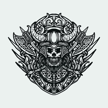tattoo and t shirt design black and white hand drawn viking skull engraving ornament