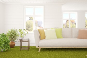 White living room with sofa. Scandinavian interior design. 3D illustration