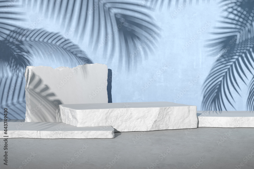 Poster 3d rendering of white stone podium for product presentation on blue concrete wall with palm leaf sha
