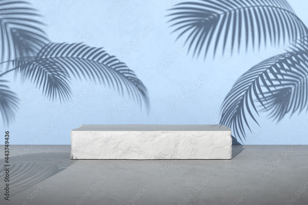 Poster 3d rendering of white stone podium for product presentation on blue concrete wall with palm leaf sha