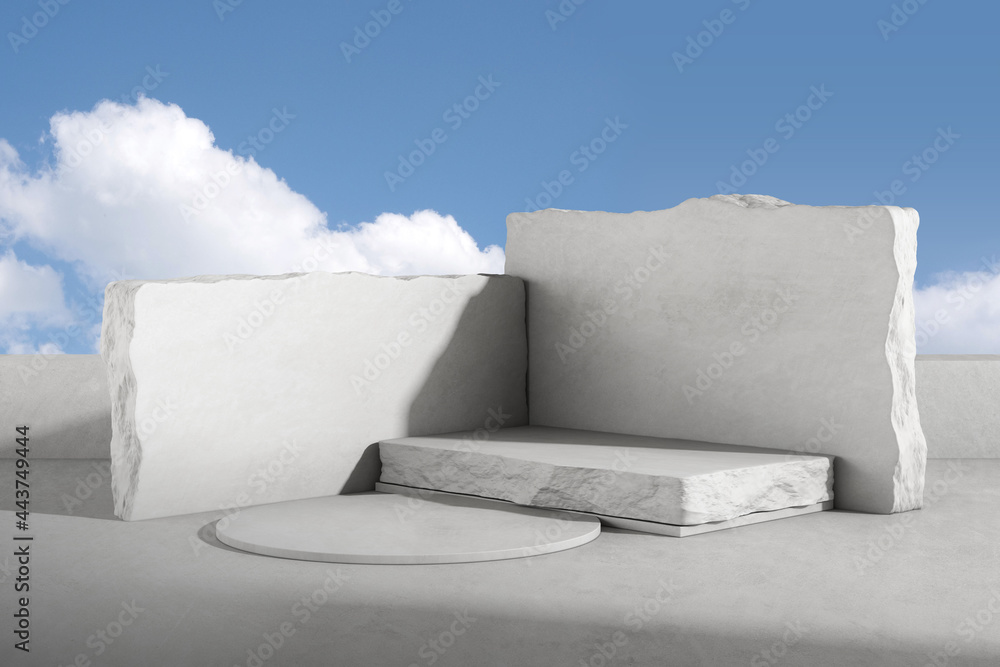 Poster 3d render of concrete and stone podium for product presentation on sky background. pedestal or platf