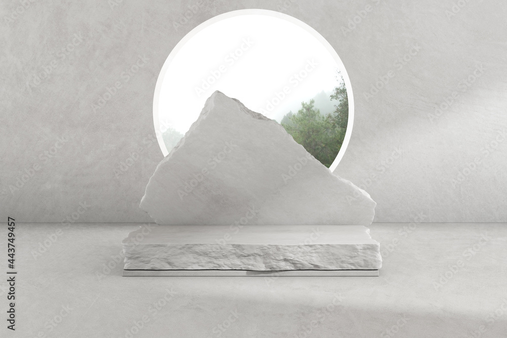 Poster 3d render of concrete room with large circle window and stone podium for product presentation. Pedestal or platform.