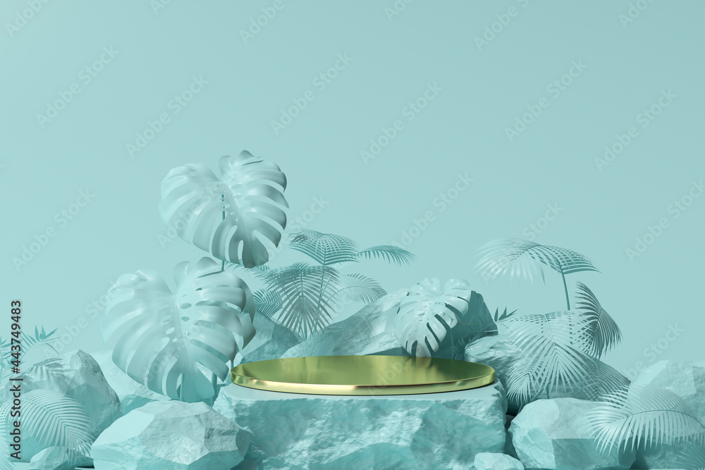 Poster 3D rendering of minimal golden podium display for product presentation, Pedestal with leaf background.