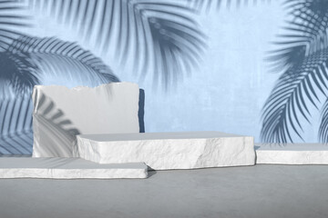 3D rendering of white stone podium for product presentation on blue concrete wall with palm leaf shadow.