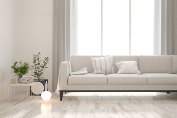 White living room with sofa. Scandinavian interior design. 3D illustration