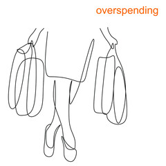 linear drawing of a fragment of women's legs and bags in their hands, the concept of excessive spending of money