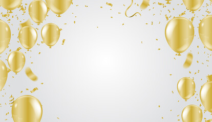 Gold balloons, Festive confetti and streamers on background. Vector illustration