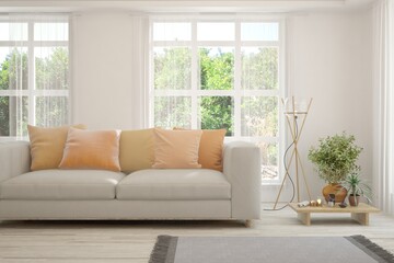 White living room with sofa and summer landscape in window. Scandinavian interior design. 3D illustration