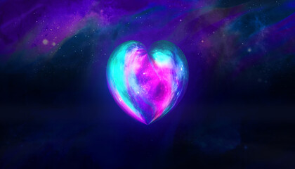 glowing heart shape colored moon texture with dark galaxy background