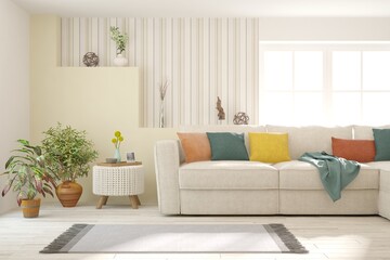 White living room with sofa. Scandinavian interior design. 3D illustration