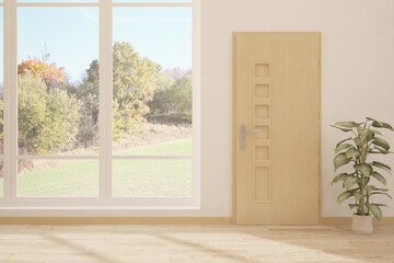 Fototapeta premium White room with sofa and autumn landscape in window. Scandinavian interior design. 3D illustration