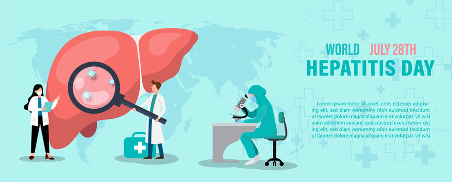 Concept of hepatitis A, B, C, D, and world hepatitis day campaign's poster with doctors treat the liver in flat style and banner vector design.