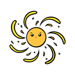 Obraz premium Cute sun with eyes and smile. Yellow sun smiling face in doodle style. Black and white vector illustration isolated in white background