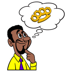 Man thinking about Brass Knuckles - A cartoon illustration of a man thinking about Brass Knuckles.