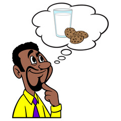 Man thinking about Milk and Cookies - A cartoon illustration of a man thinking about Milk and Cookies.