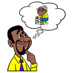 Man thinking about Grandma - A cartoon illustration of a man thinking about Grandma.