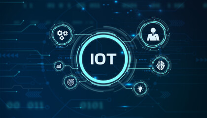 Internet of things - IOT concept. Businessman offer IOT products and solutions. Young businessman  select the abstract chip with text IoT on the virtual display.