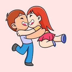 Cute boy holding his girlfriend, valentine concept, cartoon illustration