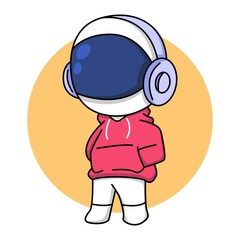 Cute astronaut in red jacket with headphones cartoon illustration