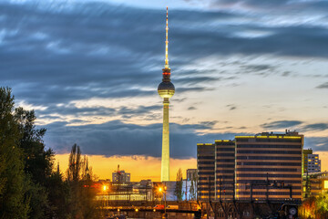 The iconic Television Tower of Berlin after sunset