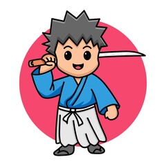 Cute samurai holding sword cartoon illustration