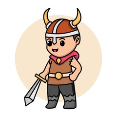 Cute viking holding sword cartoon illustration