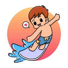 Cute boy surfing with surfboard cartoon illustration