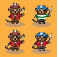 Vector illustration of cute Monkey Pirate cartoon. Cute Monkey expression character design bundle. Good for icon, logo, label, sticker, clipart.