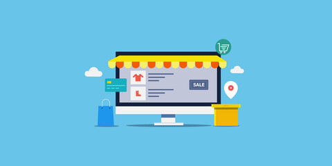 Online ecommerce store, shopping online with secure credit card payment, ecommerce market application, order and good delivery at home. Flat design vector illustration landing page template. 