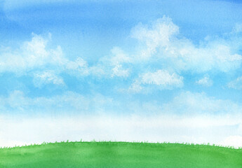 Obraz na płótnie Canvas 水彩絵の具で描いた青空と草原