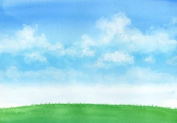 Foto op Canvas 水彩絵の具で描いた青空と草原 © miko