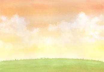 Foto op Canvas 水彩絵の具で描いた秋空と草原 © miko