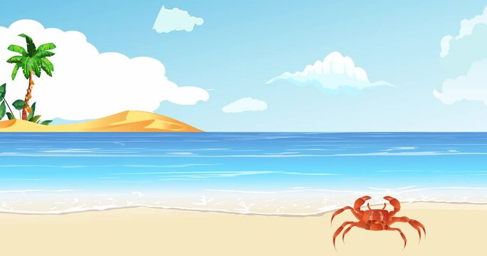 Red crab walks on sea coast beach, tropical wild scene vector
