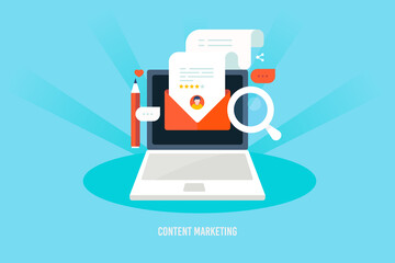 Content marketing strategy, seo content, email content promotion for online branding, customer targeting, engaging and conversion purpose, company business communication concept.