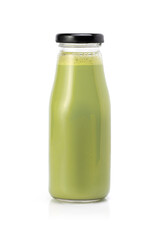 Green smoothie juice in glass bottle isolated on white background 