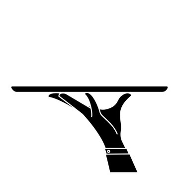 Elegant waiter hand holding empty serving tray for food. Vector flat glyph illustration