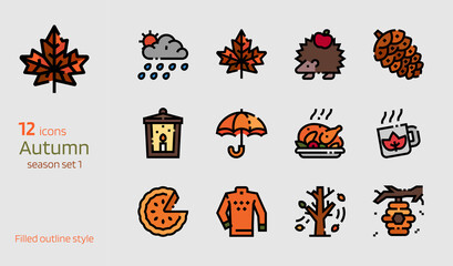 Autumn icon vector set. Filled outline style collection of season attributes