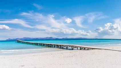 Landscape with boardwalk at the coastline of Platja de Muro in Alcudia bay, Majorca Island, Spain