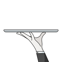Elegant waiter hand holding empty serving tray for food. Vector flat cartoon illustration