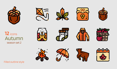 Autumn icon vector set. Colored line and filled outline style collection of season attributes