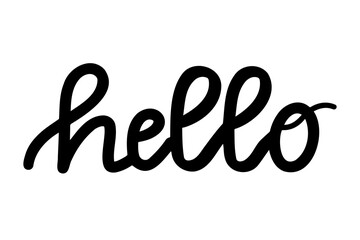 Handwritten modern calligraphy, text - Hello. Hand lettering word Hello. Script hand writing, black and white isolated vector illustration for greeting card, flyer, banner, poster. Design element.