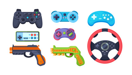Set game console. Gamepad, playing joystick, video console, joy video games gadgets, wireless gamepad steering wheel. Retro modern devices for gamers gaming consoles vector